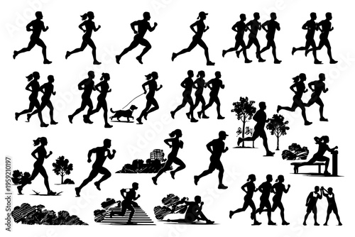 Silhouettes of people running exercising outdoors active lifestyle.