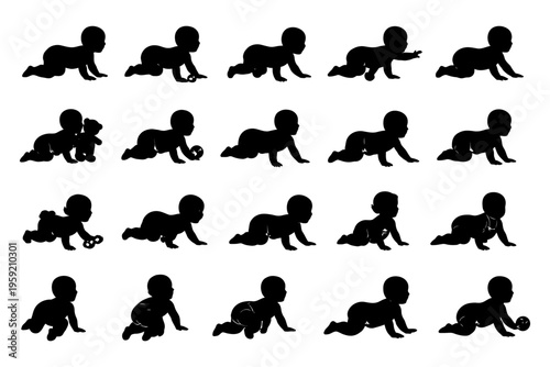 Silhouette of crawling babies in various poses on white background.