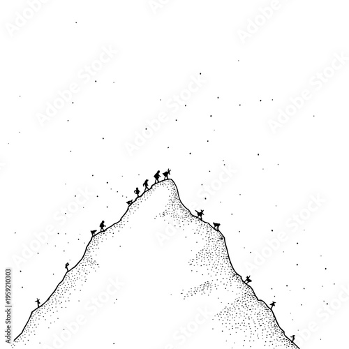 Black and white illustration of people climbing mountain peak with stippling technique symbolizing teamwork and perseverance in nature