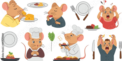Cute mouse eating and cooking food collection with chef character tasting meals and funny reactions cartoon vector illustration set