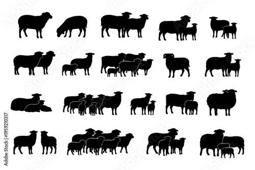 Silhouettes of sheep in various groupings and poses.