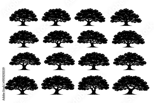 Set of sixteen black silhouette trees with varied leaf patterns.