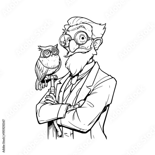 A wise old man with a bushy beard and round glasses holds an owl on a perch looking thoughtful and intelligent