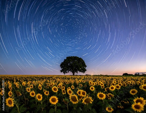 A field of sunflowers at dusk is under a swirling celestial spectacle of bright star trails. A lone tree anchors the scene