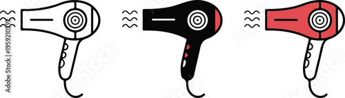 Professional handheld hair dryer icon set featuring beauty salon and grooming tools in minimalist line art and flat styles.