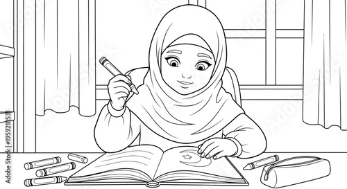 A young girl wearing a hijab is sitting at a desk, engaged in learning with an open book and colorful markers.