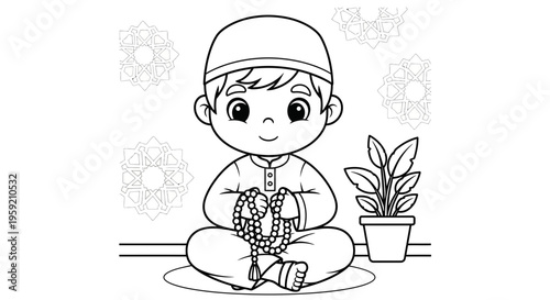 A smiling Muslim boy sitting cross-legged with prayer beads and a potted plant nearby