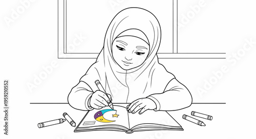 A young girl wearing a hijab is coloring in a book with crayons