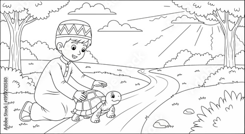 A black and white illustration of a young boy and a turtle on a winding road in a natural setting