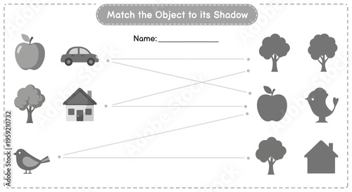 A vector graphic illustration of a matching game for children to match objects to their shadows