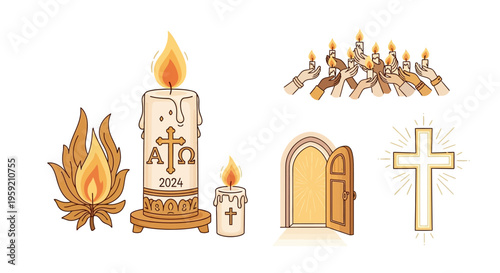 Illustration of symbolic elements related to light, faith, and spirituality