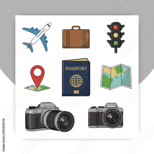 Travel Essentials: This image showcases essential travel items, including a passport, map, camera, suitcase, traffic light and airplane, perfect for any travel-related project or design. 