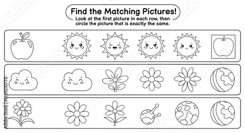 A vector graphic illustration of a children's educational worksheet designed to help kids develop their matching skills