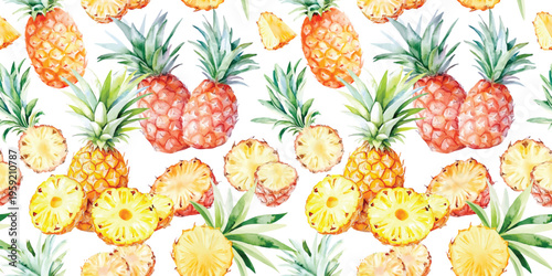 watercolor pineapple fruit seamless pattern, whole and halved hand drawn illustration wallpaper background