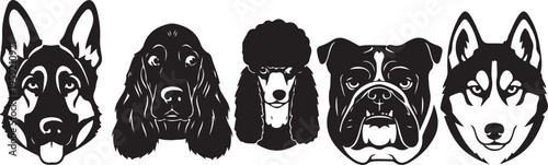 Silhouette of five dog breeds in a row illustration, Generative Ai