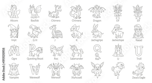 A vector graphic illustration of mythical creatures and monsters from A to Z in a minimalist line art style