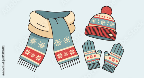 A colorful winter clothing set consisting of a scarf, hat, and gloves in a flat, minimal design style.