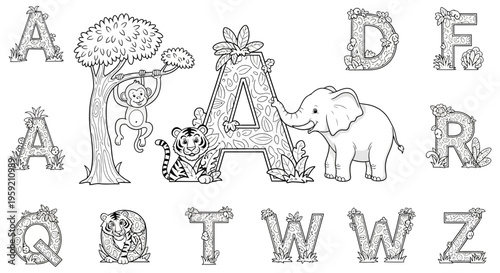 A black and white vector illustration of alphabet letters with jungle animals for kids