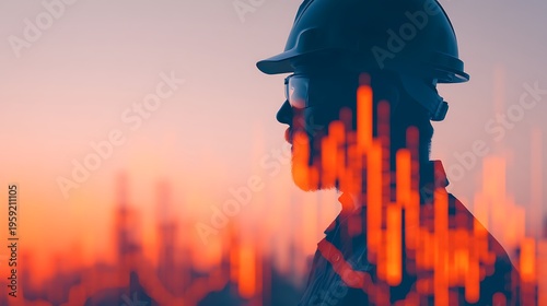 A silhouette of a construction worker wearing a helmet and safety glasses with an overlay of glowing orange financial or stock market charts.