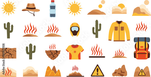 Desert survival and extreme heat icons set with sun cactus backpack clothing and warning signs vector illustration collection