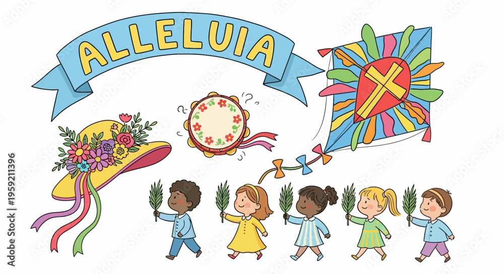 Fototapeta premium Children celebrating alleluia with festive decorations and joyful expressions