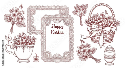 Elegant vintage floral arrangement celebrating the joyous easter holiday with tea set.