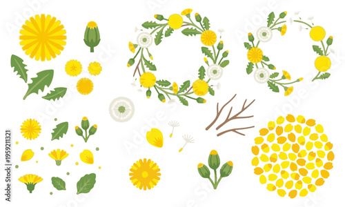 春を彩るタンポポと綿毛のイラストセット。華やかなフレームやパーツの詰め合わせ