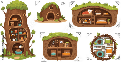 Fantasy tree and underground house interiors set with cozy rooms and storage spaces, whimsical woodland home flat vector illustration