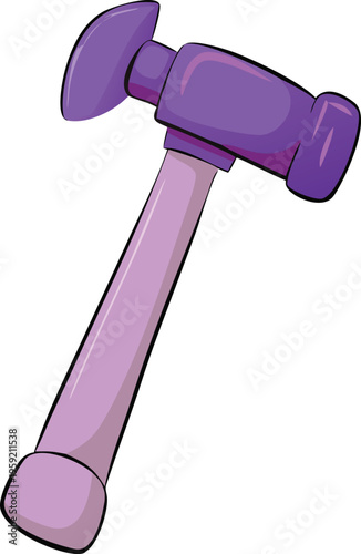 Cartoon illustration of a purple hammer with stylized text