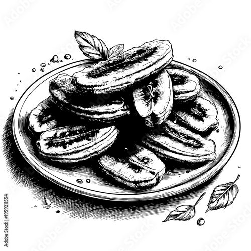 Hand-drawn illustration of delicious golden fried bananas or sweet plantains, perfect for culinary projects, menu designs, and food blogs – adobe stock