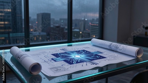 Architectural blueprints with glowing circuit design on a glass table, raindrops on the window behind.