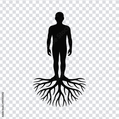 Vector illustration black silhouette of a person with roots growing from their feet on a transparent background
