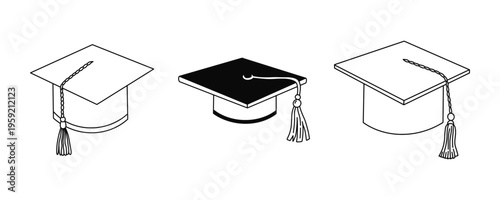 Set of three graduation mortarboard hats in different styles. Vector outline icons for education, academy degree, university commencement, or student success. Graduation cap, graduation hat.