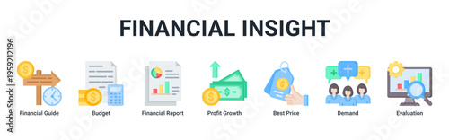 Financial Insight web banner icon vector illustration featuring Financial Guide,Budget,Financial Report,Profit Growth,Best Price,Demand,and Evaluation