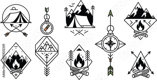 Minimalist camping badge set with mountains tent compass and campfire, outdoor adventure line icons flat vector illustration