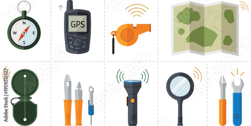 Navigation and survival tools set with compass GPS whistle map flashlight magnifier and repair kit vector illustration collection