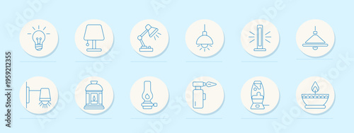 Lighting set icon. Outline collection with bulb, table, desk, pendant, wall sconce, lantern, oil, torch, lava, candle bowl, illumination fixtures.