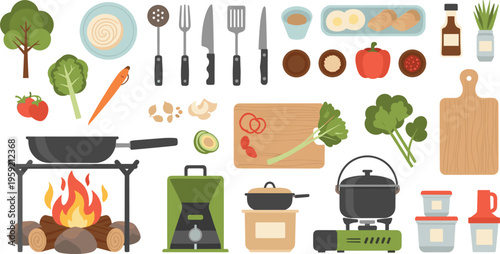 Outdoor cooking and kitchen tools collection with campfire stove vegetables utensils and food preparation elements vector illustration set