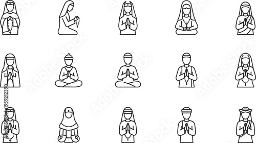 People praying line icons collection with different religions meditation and worship poses minimal outline vector illustration set
