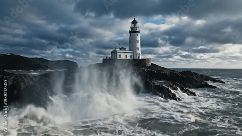 A tall coastal tower stands against stormy seas and crashing waves