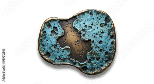 Blue patina metal object closeup.