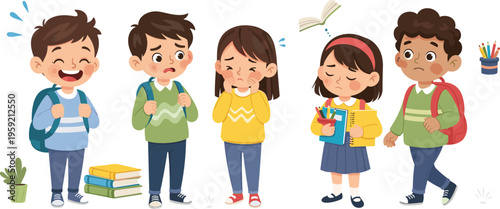 School children emotions set with happy sad crying and worried kids, cartoon pupils with backpacks flat vector illustration