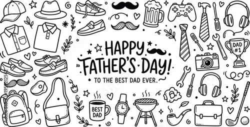 Happy Father's day doodle set. Tie, mustache, hat, hammer, glasses, watch in sketch style. Hand drawn vector illustration isolated on white background
