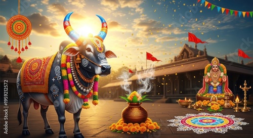 A colorful cow decorated with traditional indian ornaments and jewelry stands next to a temple and a statue of a hindu goddess on a festive day with flowers and rangoli