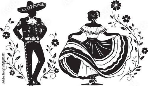 Cinco de mayo celebration with traditional mexican man and woman in folk costume