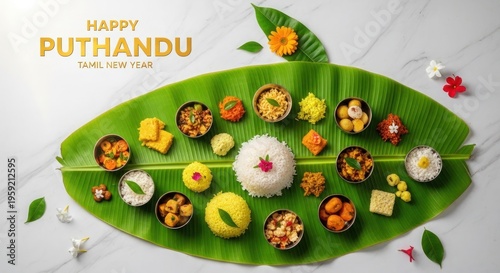 Happy puthandu tamil new year celebration with traditional food on banana leaf