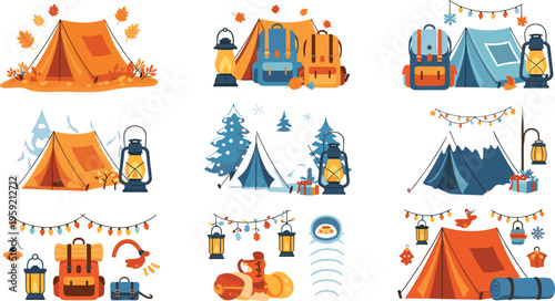Seasonal camping set with tents lanterns backpacks and outdoor gear for autumn and winter adventures vector illustration