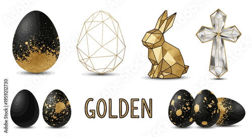Elegant golden and black decorative egg-themed items collection for festive occasions.
