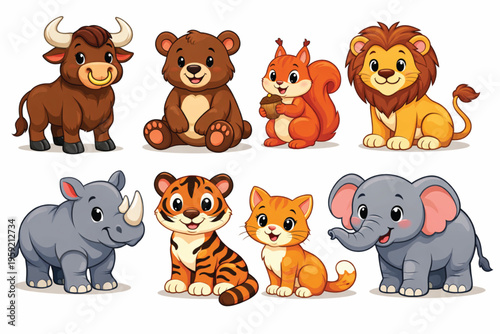 A cute collection of cartoon animal icons featuring playful pets and zoo animals in a fun and colorful style