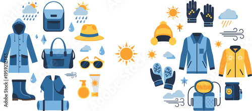 Seasonal clothing and weather icons set with raincoat winter jacket hat gloves boots backpack and sunny rainy elements vector illustration